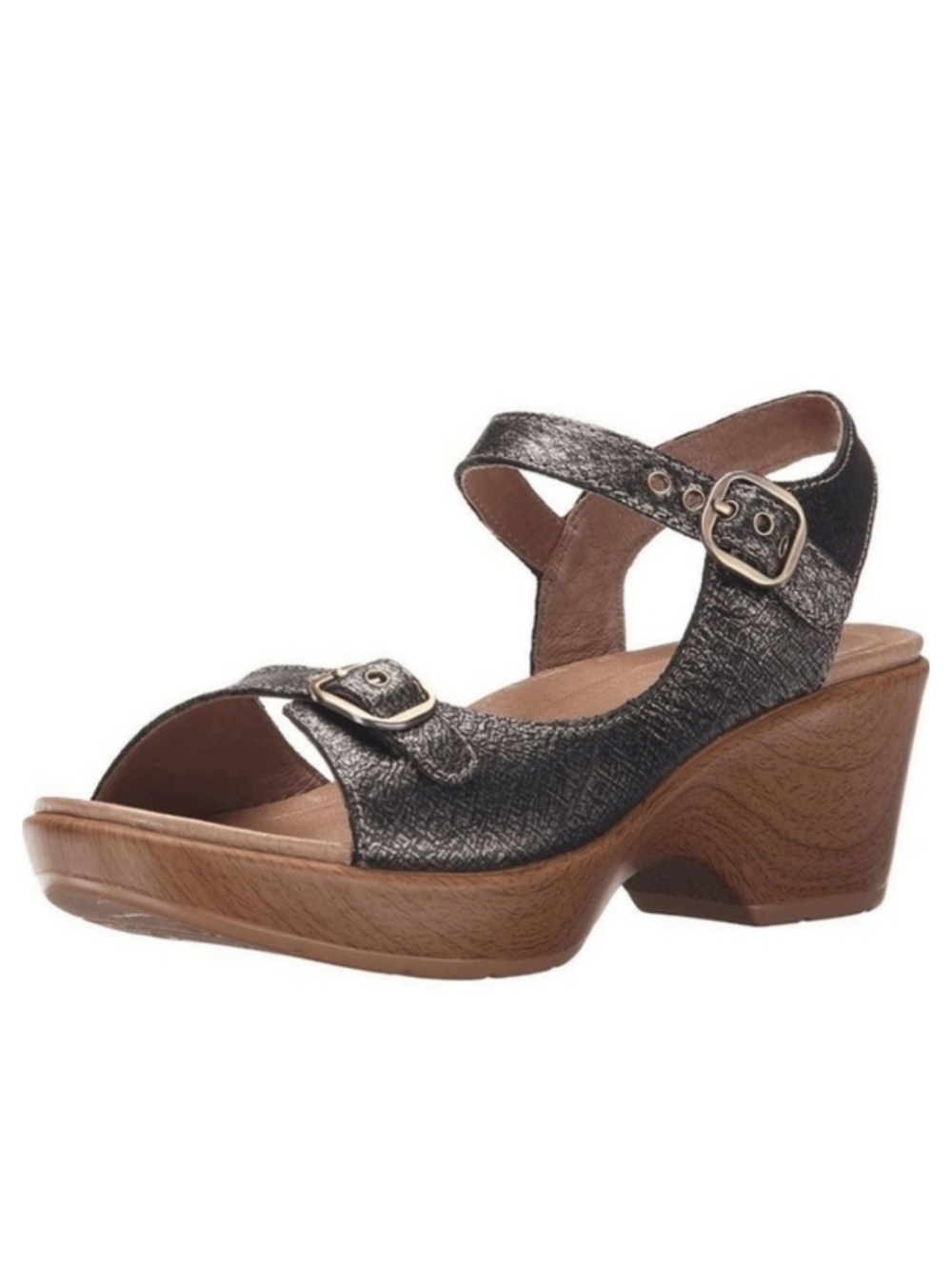 Dansko Joanie Metallic Pewter Leather Ankle Strap‎ Buckle Platform Sandals 42